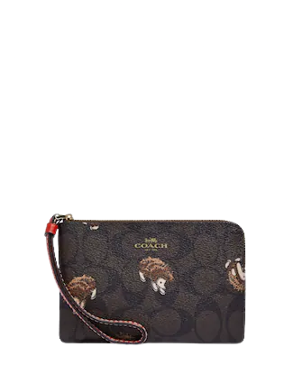 Coach Corner Zip Wristlet In Signature Canvas With Hedgehog Print