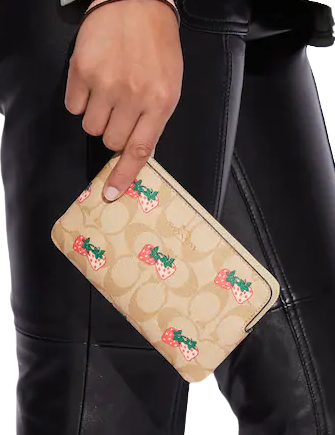 Coach Corner Zip Wristlet In Signature Canvas With Strawberry Print