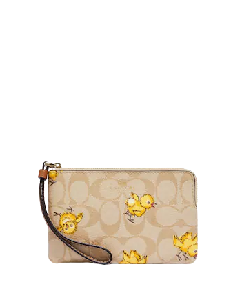 Coach Corner Zip Wristlet In Signature Canvas With Tossed Chick Print