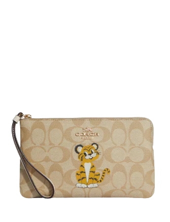 Coach Large Corner Zip Wristlet In Signature Canvas With Tiger