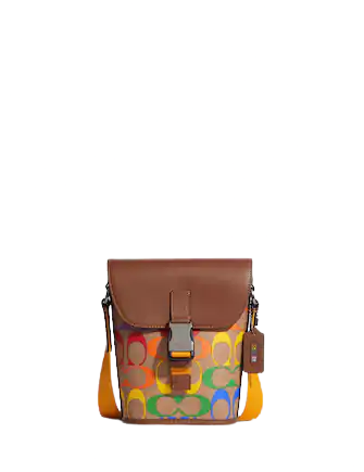 Coach Track Small Flap Crossbody In Rainbow Signature Canvas
