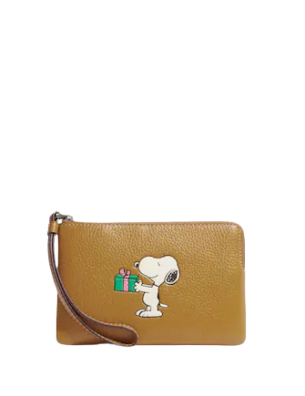 COACH Peanuts Boxed Small Wristlet in Refined Natural Pebble Leather with  Snoopy