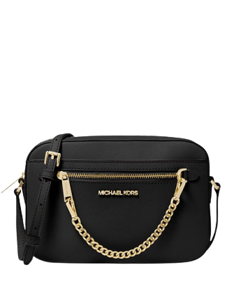 Michael Kors Jet Set Large Zip Chain Crossbody Bag Shoulder Black Leather Gold